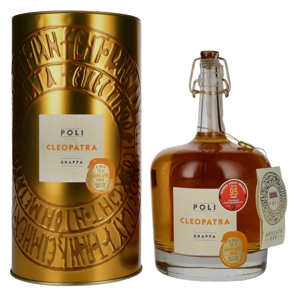 Poli Grappa Cleopatra Moscato Oro 40 % vol., 0,7 l, dans une boîte en fer-blanc