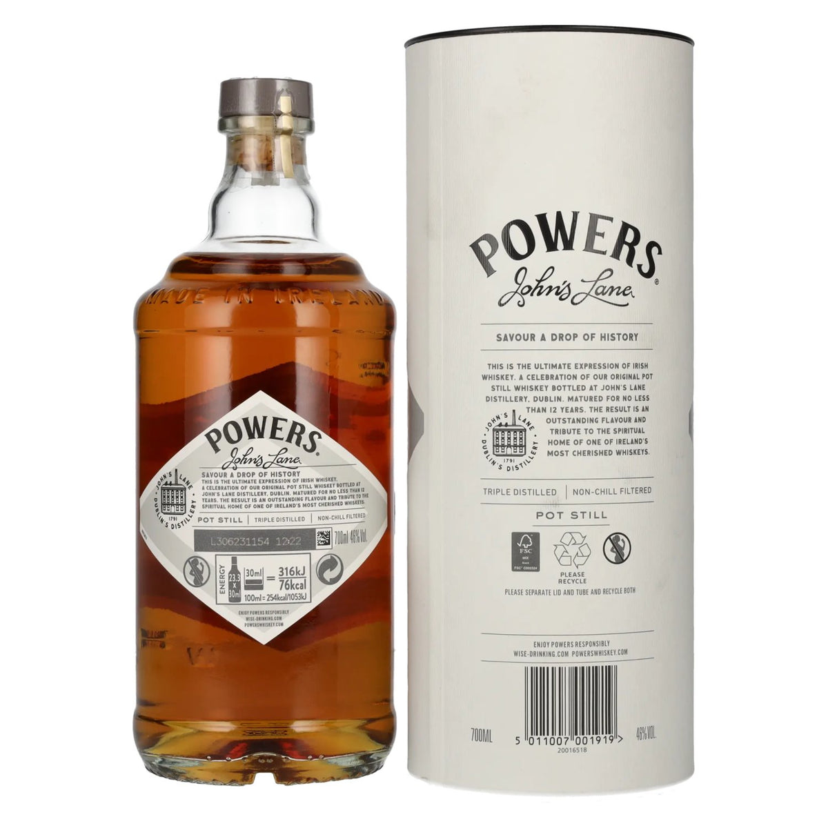 Powers 12 Years Old JOHN'S LANE Single Pot Still Irish Whiskey 46% Vol. 0,7l in Geschenkbox