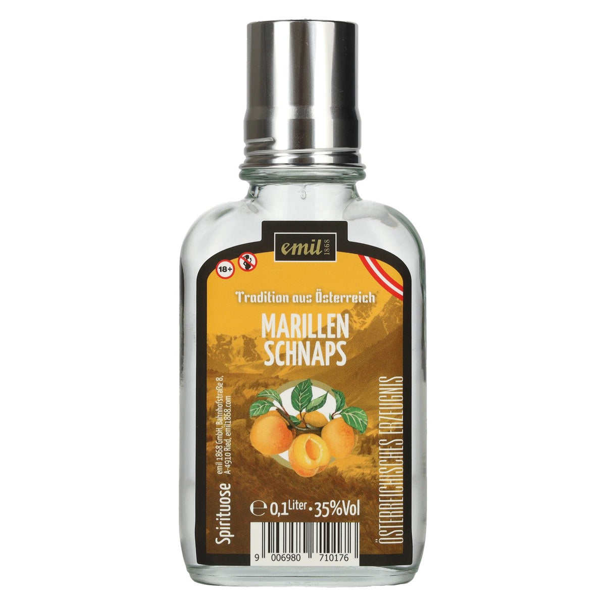 emil 1868 Apricot Schnapps 35% vol. 0.1 l in a pocket-sized bottle