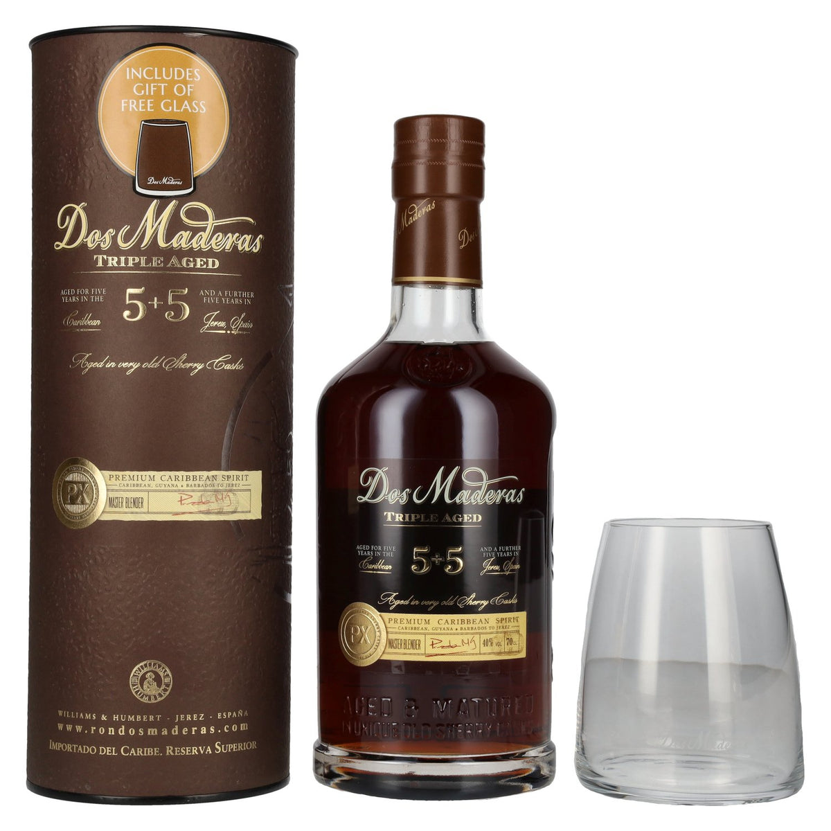 Dos Maderas PX 5+5 ans, spiritueux triple vieillissement, 40 % vol., 0,7 l, dans un coffret cadeau avec un verre