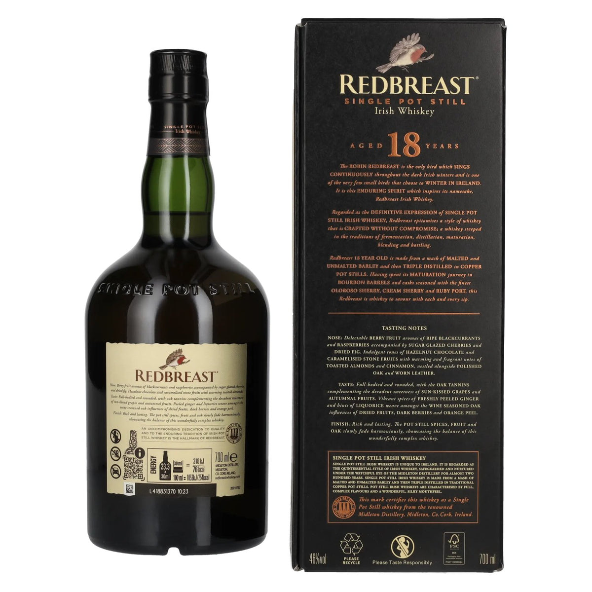 Redbreast 18-Year-Old Single Pot Still Irish Whiskey 46% ABV, 0.7 litres, in a gift box