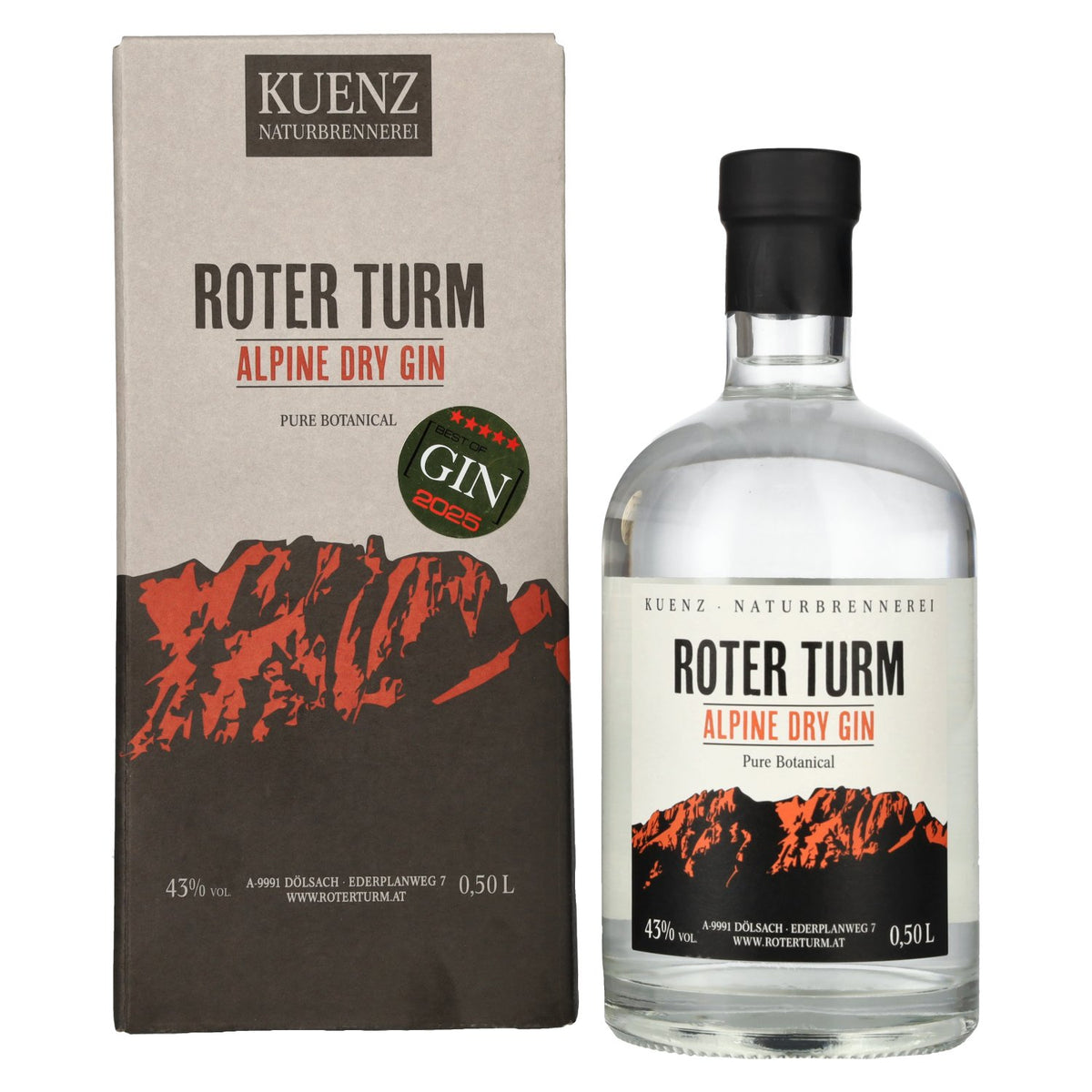 Roter Turm Alpine Dry Gin Pure Botanical 43 % vol., 0,5 l, dans un coffret cadeau