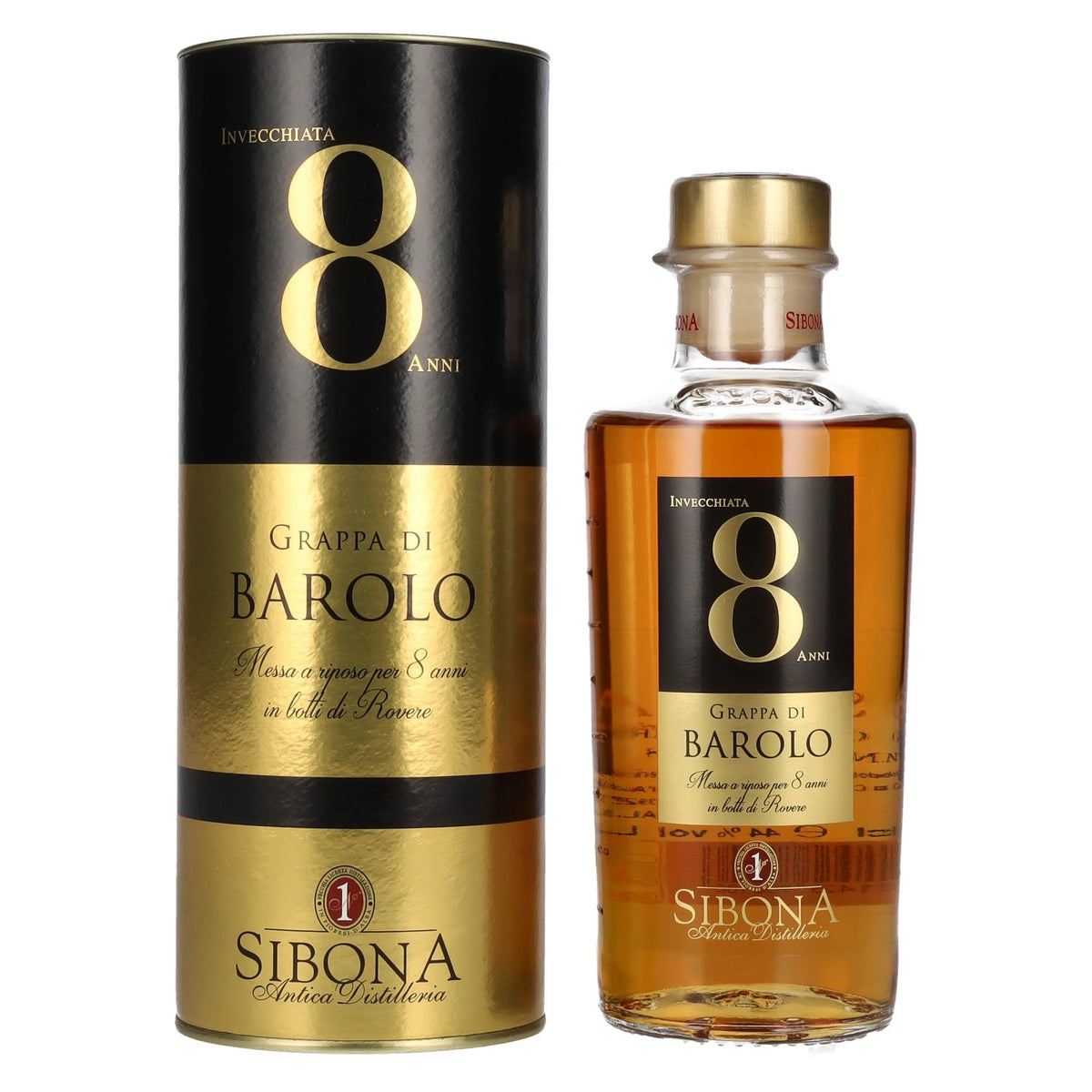 Sibona 8 Anni Invecchiata Grappa di BAROLO 44% vol. 0,5 l in geschenkverpakking