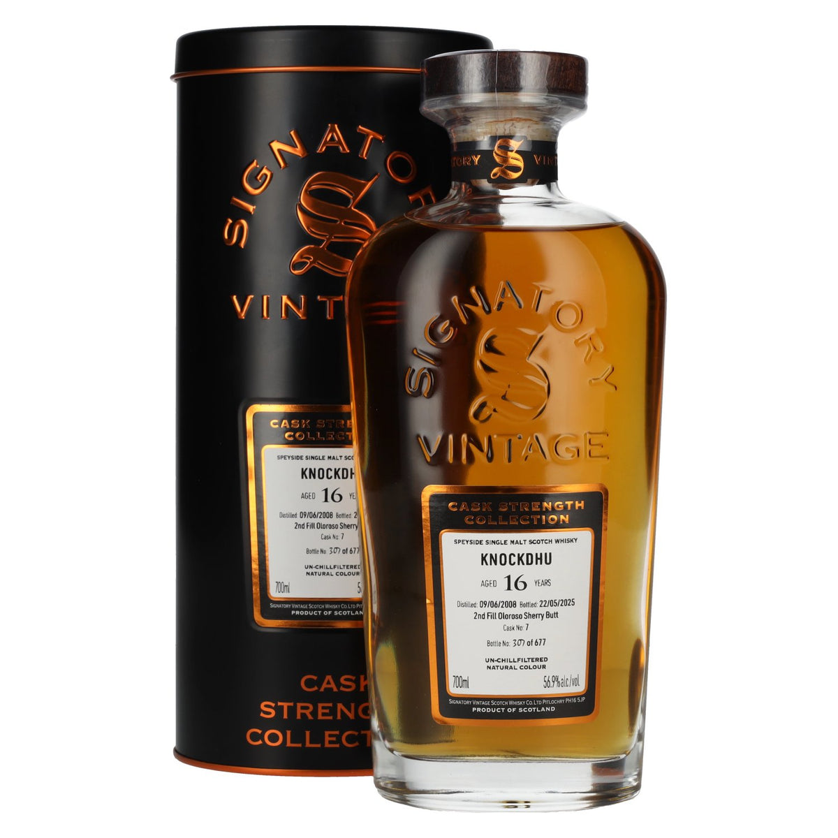 Signatory Vintage KNOCKDHU 16 ans d'âge, fût d'oloroso de deuxième remplissage, brut de fût n° 7, 2008, 56,9 % vol., 0,7 l dans une boîte en fer-blanc