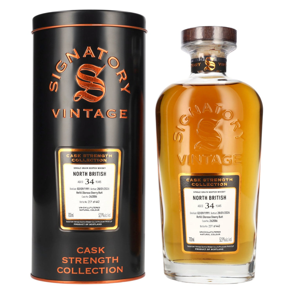 Signatory Vintage North British 34 ans d'âge, rechargé en fût d'Oloroso, brut de fût n° 262086, 1991, 52,9 % vol., 0,7 l dans une boîte en fer-blanc