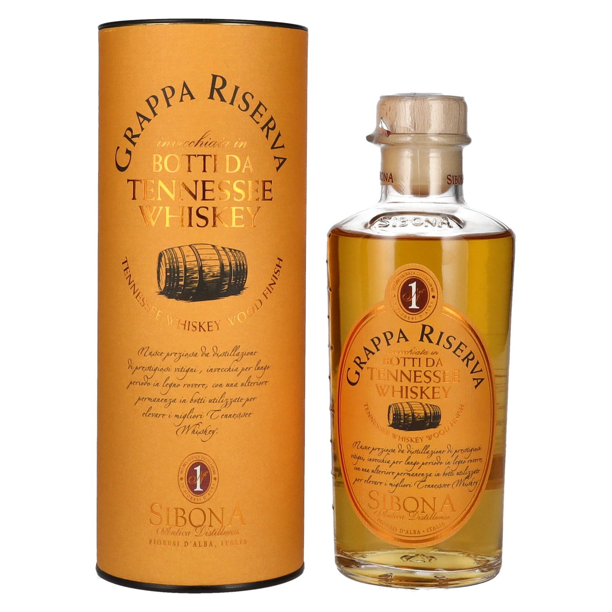 Sibona GRAPPA RISERVA, gerijpt in vaten van TENNESSEE WHISKEY, 40% vol., 0,5 l, in geschenkverpakking