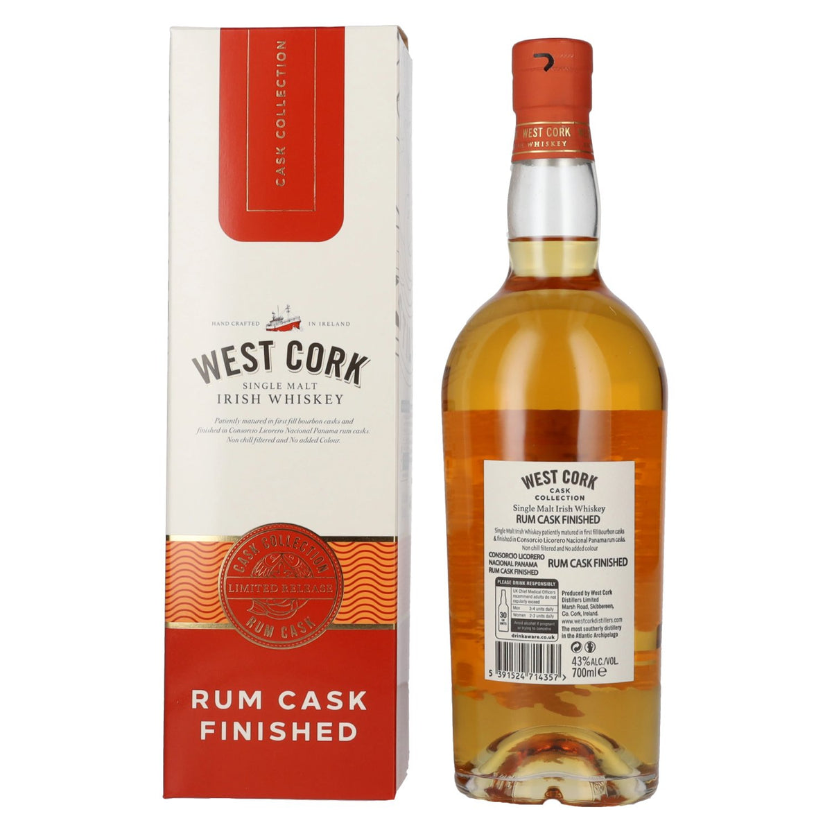 West Cork Irish Whiskey, Rum Cask-Finished, 43% ABV, 0.7 litres, in a gift box