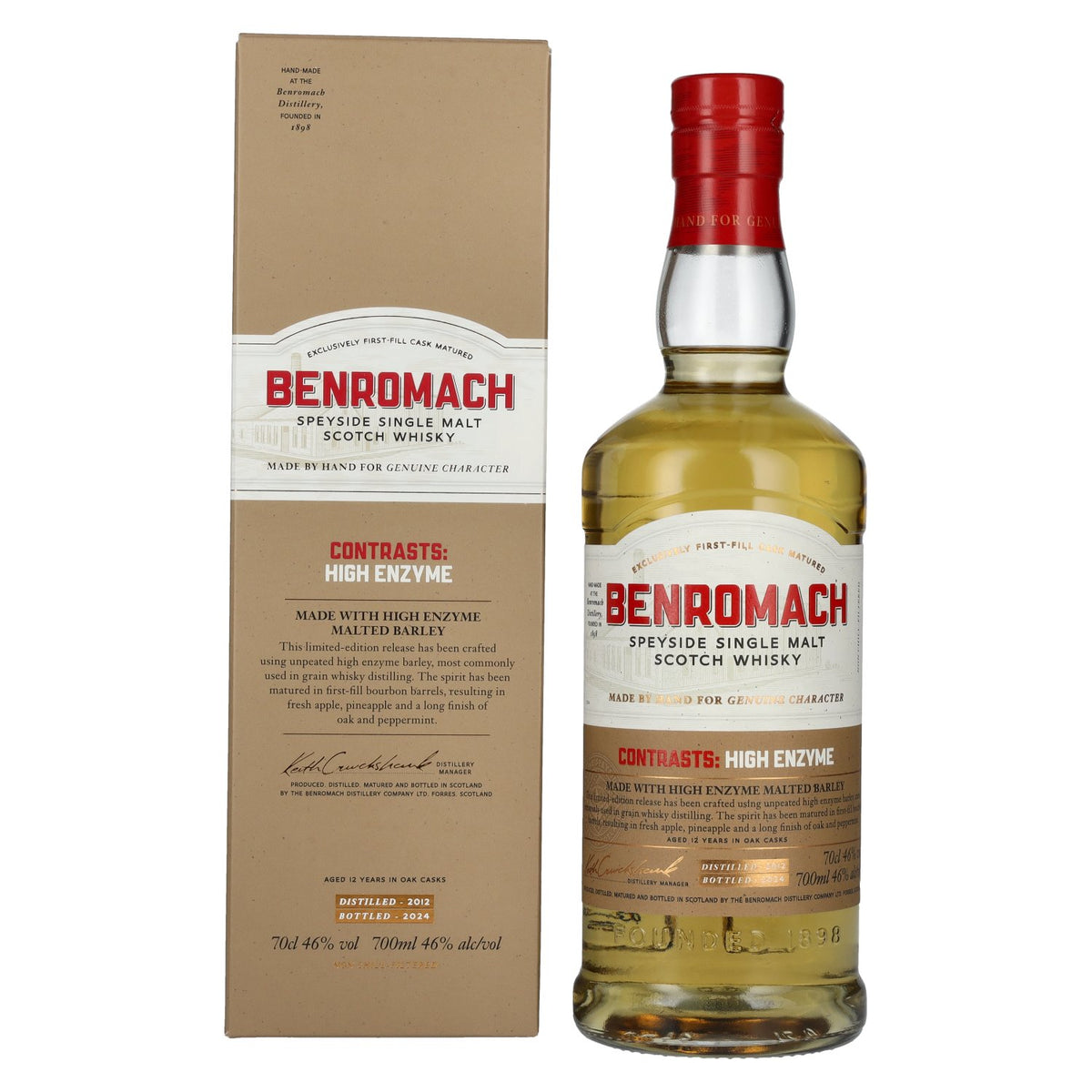 Benromach 12 Years Old HIGH ENZYME 1st fill Bourbon Barrels Speyside Single Malt 2012 46% Vol. 0,7l in geschenkverpakking